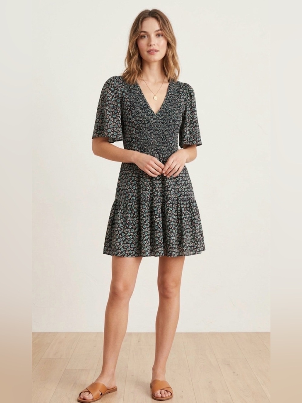 Rebecca Taylor Floral Smocked Short Sleeve Dress